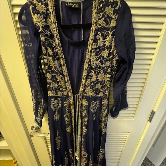 Embroidered Cotton Short Dress Blue Gold